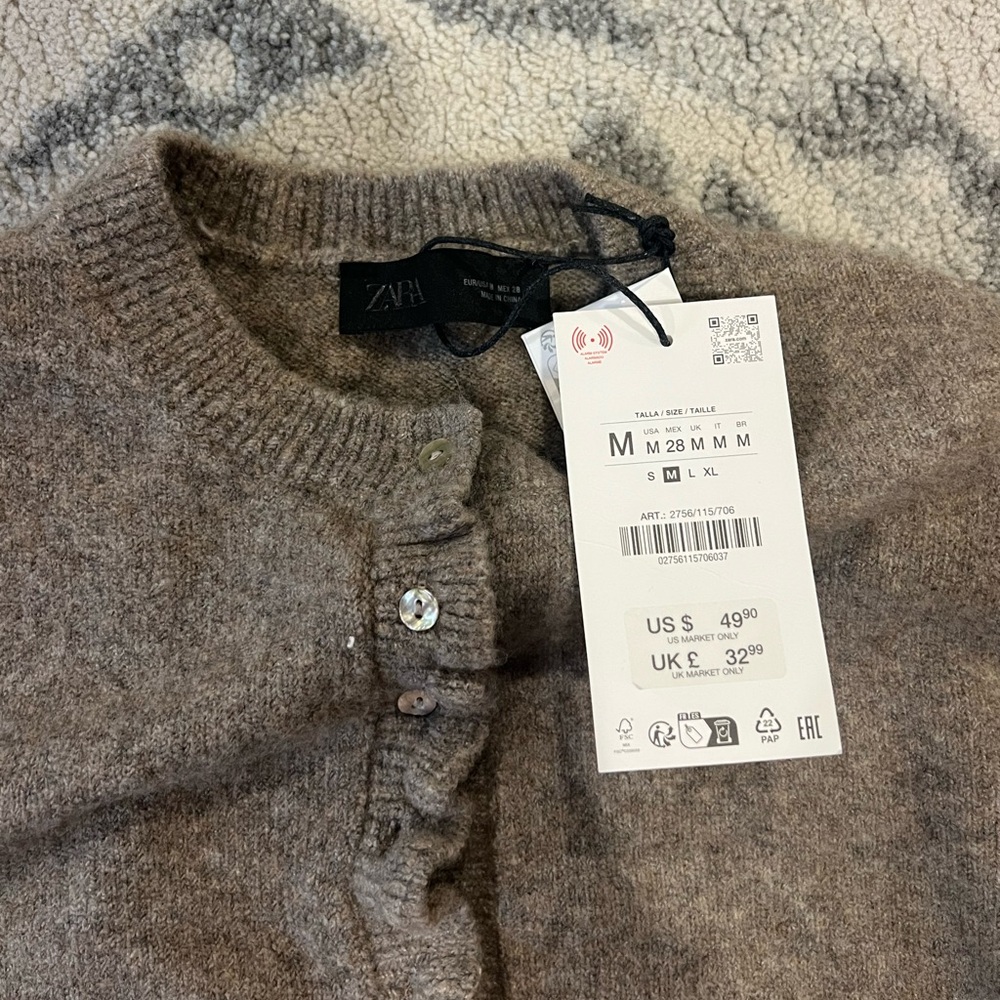 Zara Ruffle-Trim Crewneck Cardigan - Taupe Brown - Picture 4 of 4
